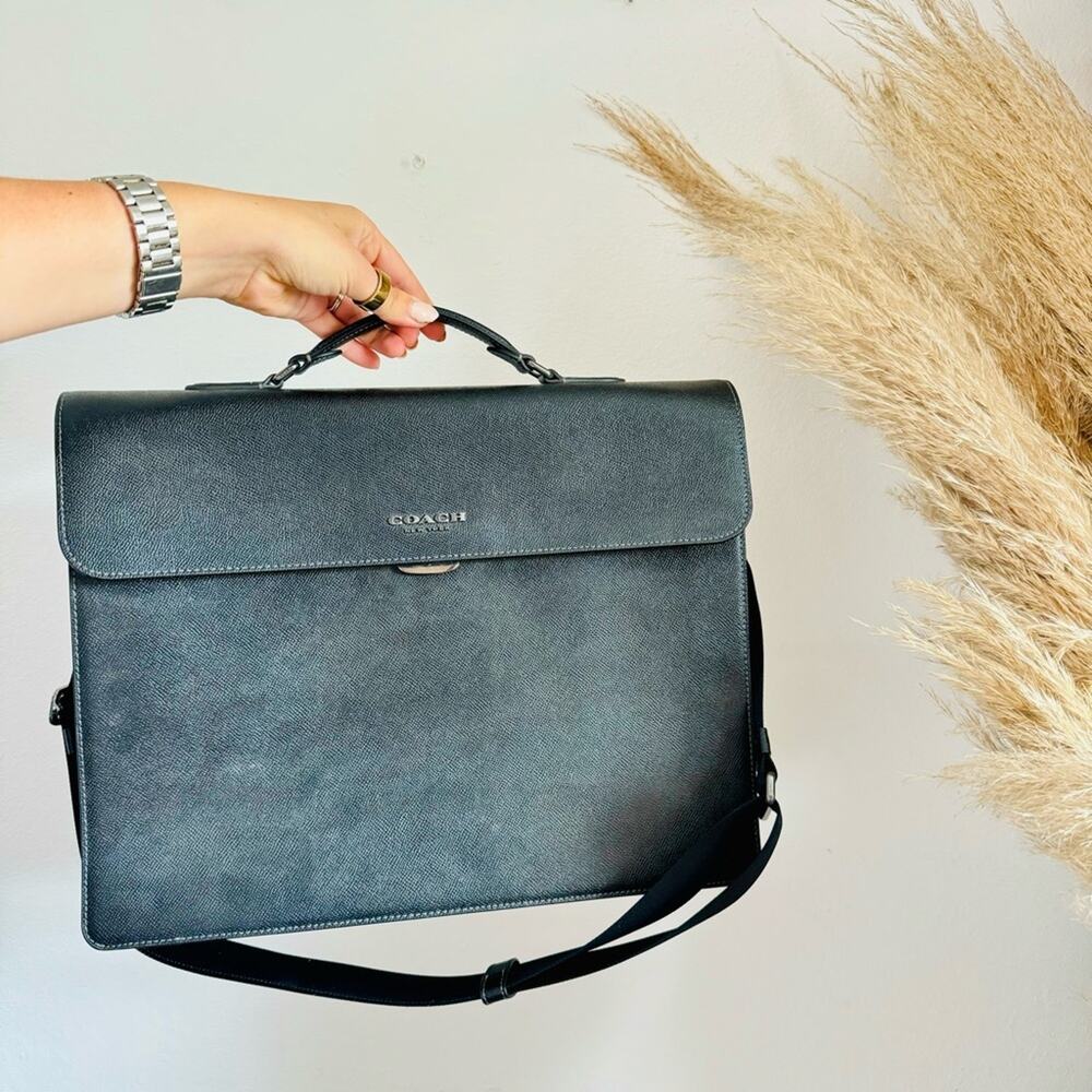 COACH Graham Flap Brief Black Leather Travel Shoulder Bag Briefcase Suede Lined - Picture 11 of 15